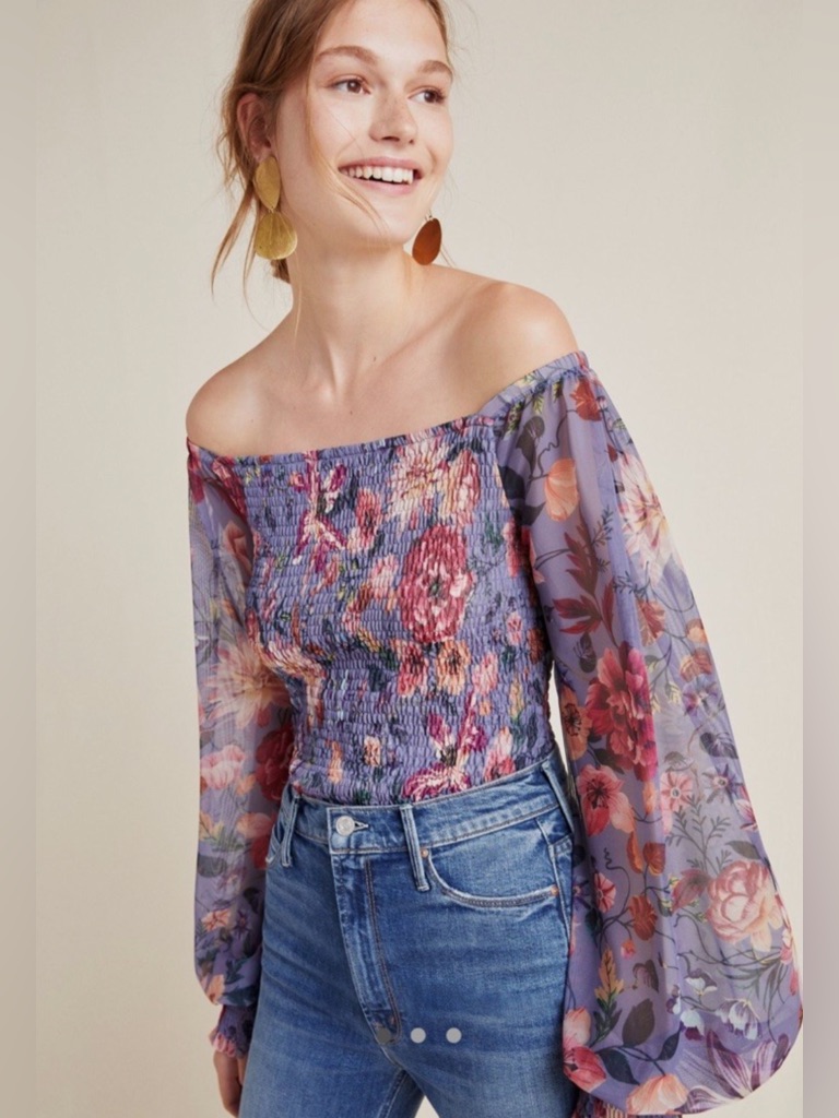 Anthropologie Rouen Lavender Floral Off-Shoulder Smocked Blouse